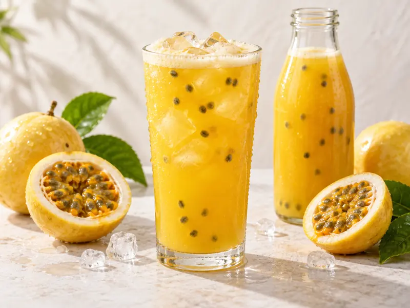 Copo e garrafa de suco de maracujá, ao lado de maracujás cortados